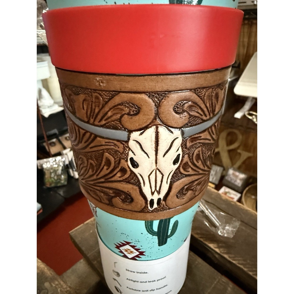 Western Turquoise Cactus Longhorn Travel Tumbler 40oz Stainless Insulated - Picture 2 of 9